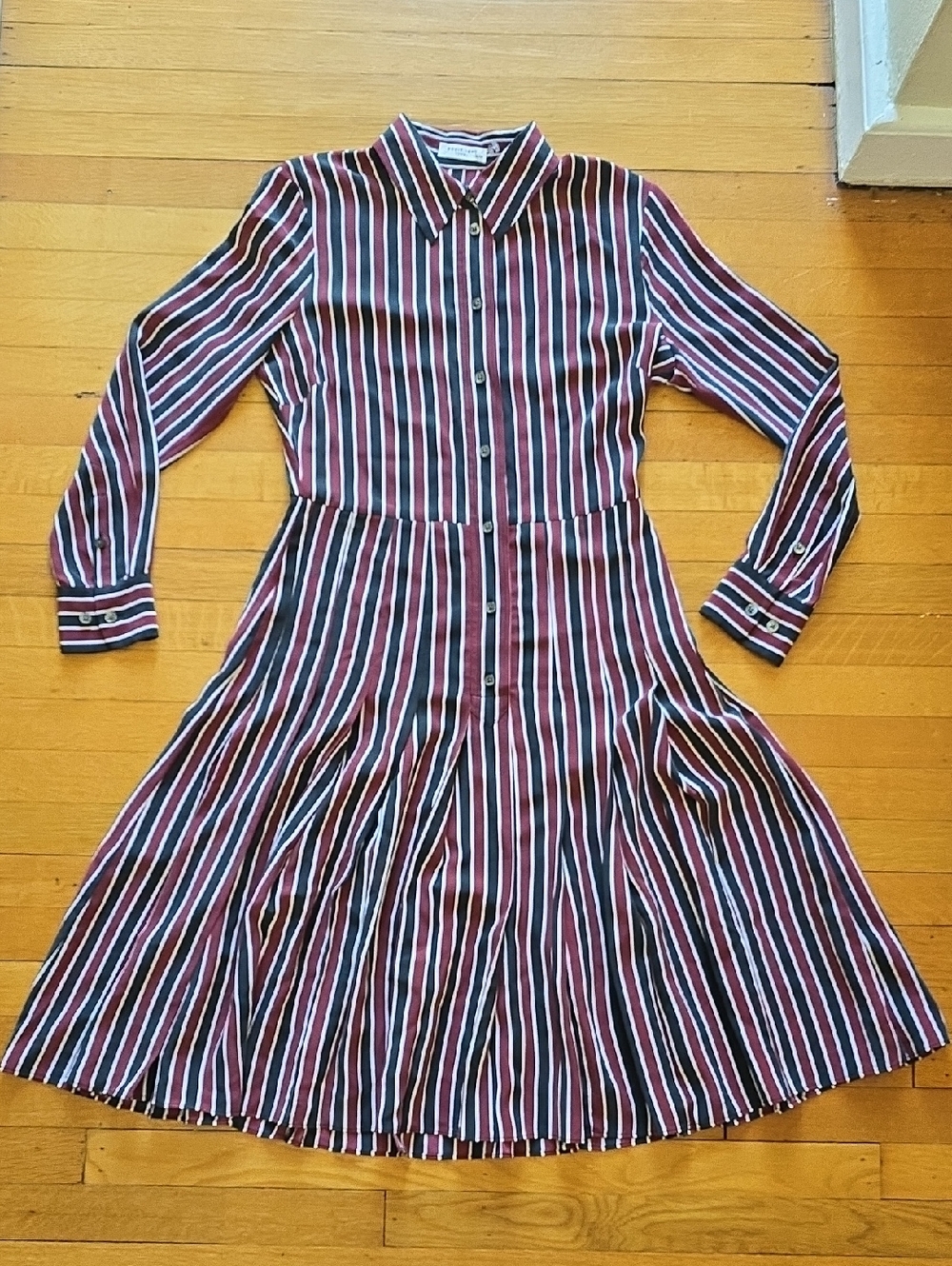 Equipment Femme, Striped Silk Pleated Midi Dress, Burgandy Black, EUC, W's XS